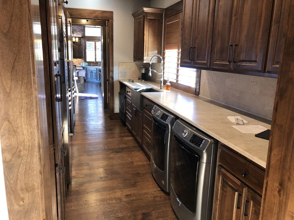 Walk-through galley-style service and utility area