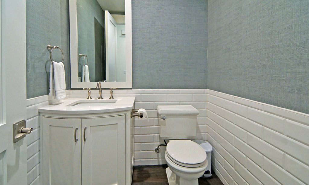 Powder room, teal and white