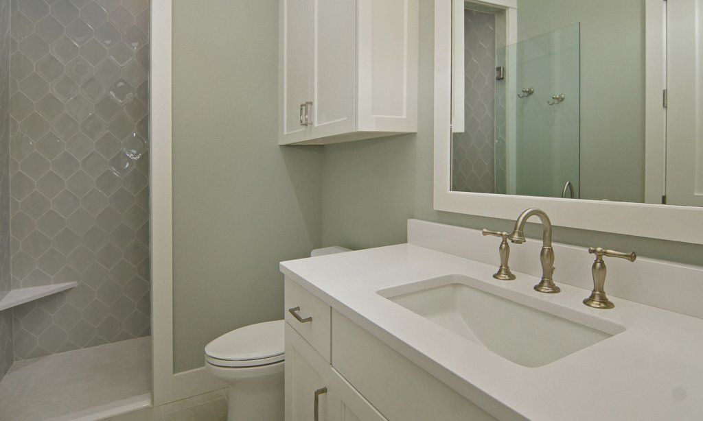 Guest bathroom, gray and white