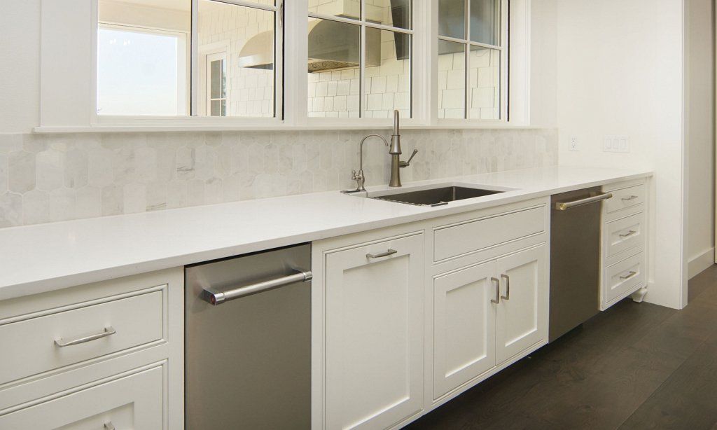 Closeup of custom kitchen cabinets and countertops